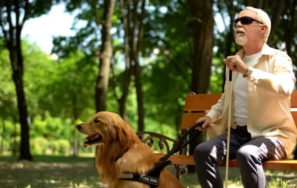 Foto de un señor con ceguera acompañado con el perro y  sentados en un parque