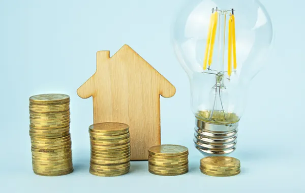 foto de un dibujo con la imagen de una casa, una bombilla y varias monedas