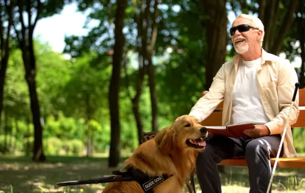 Foto de un señor invidente sentado en un banco de un parque aconpañado de su perro guia