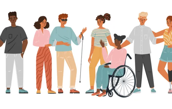 Foto de una ilustración con varias personas con alguna discapacidad