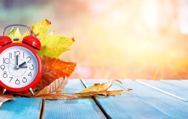 Foto de un reloj despertador con unas hoja de otoño