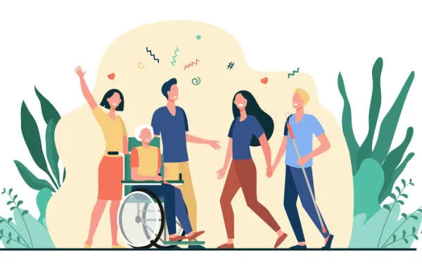 Foto de un dibujo con varias personas y entre ellas una persona en silla de ruedas