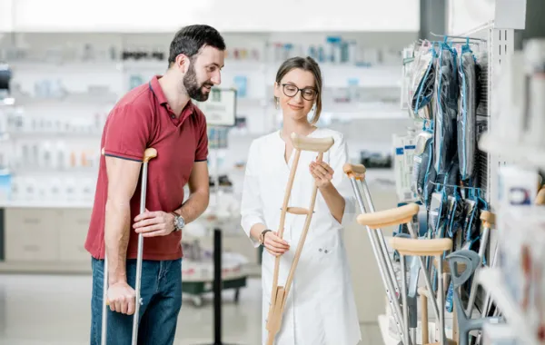 Foto de una pareja eligiendo muletas en una tienda de ortopedia 