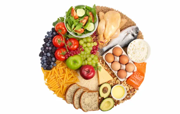 Foto con varios alimentos verduras, frutas, carne saludables