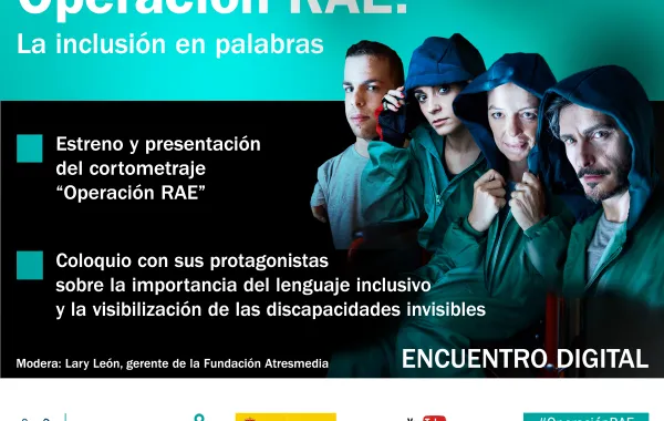 Foto del cartel del cortometraje operacion RAE en el que aparecen cuatro personas mirando a camara