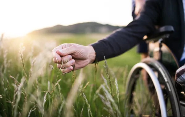 Foto de una persona que va en silla de ruedas y que con su mano roza las espigas que hay en el campo