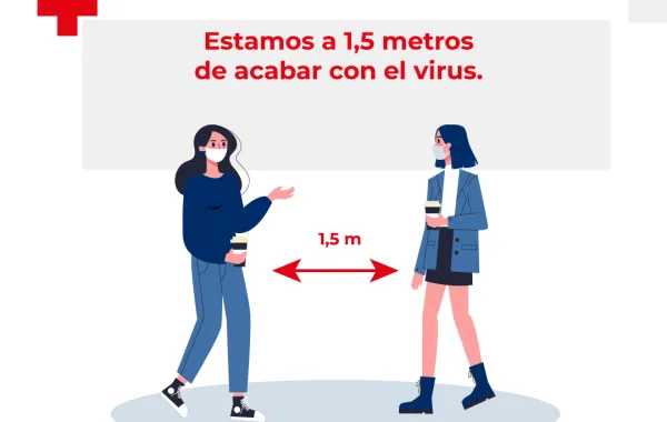 Foto de un cartel de la campaña no te desfases que muestra la distancia de metro y medio  entre dos personas