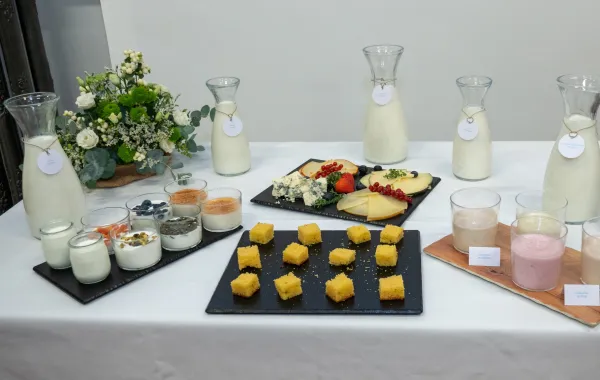 Foto de una mesa llena de productos lacteos