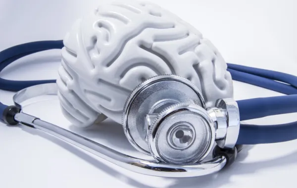 Foto de un cerebro de plástico y un fonendoscopio