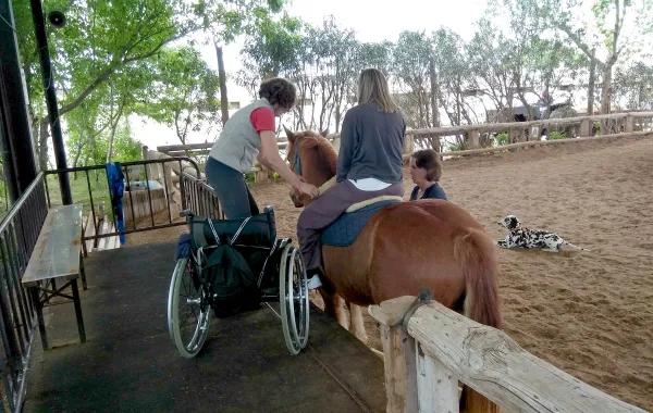 Foto de mujer con silla de ruedas subiendo a un caballo acompañada por dos personas