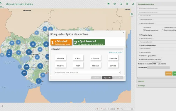Foto de un mapa de andalucia señalando puntos de servicios sociales