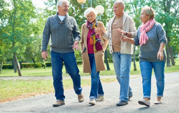 Foto de un grupo de personas mayores paseando por el parque y charlando animadamente