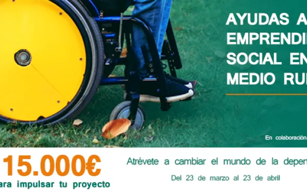 Foto del cartel del programa de ayudas al emprendimiento social en el mundo real con una foto de una rueda de una silla de ruedas
