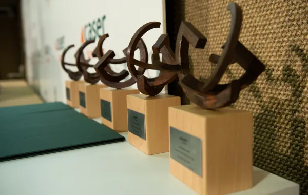 Foto de los galardones colocados en fila y preparados para entregar