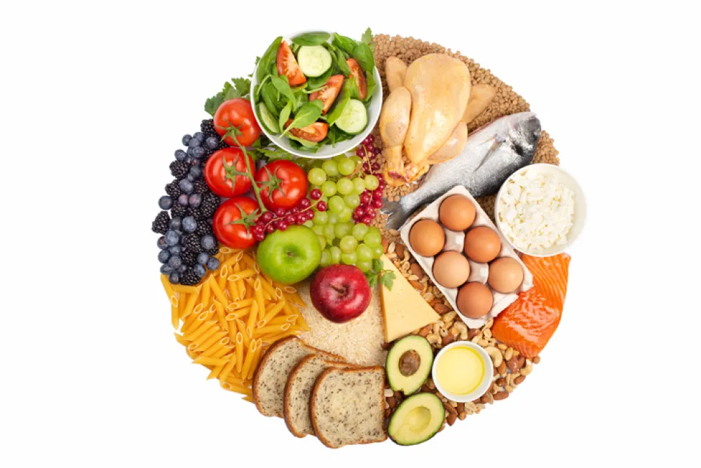 Foto con varios alimentos verduras, frutas, carne saludables
